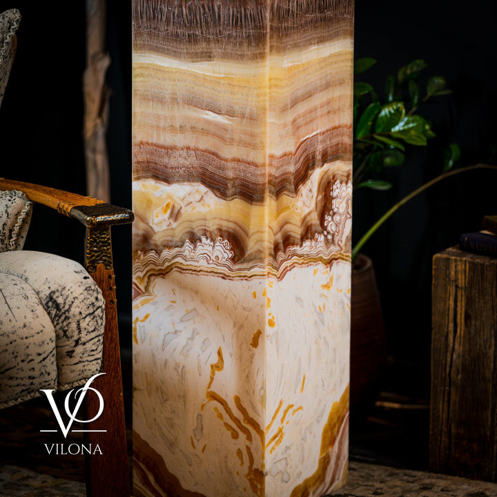 Square floor lamp shade with golden-amber marbled pattern, tall and narrow