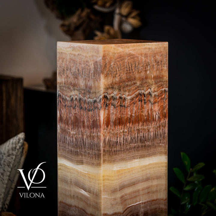 Square onyx-look floor lamp shade with warm amber and cream vertical veining