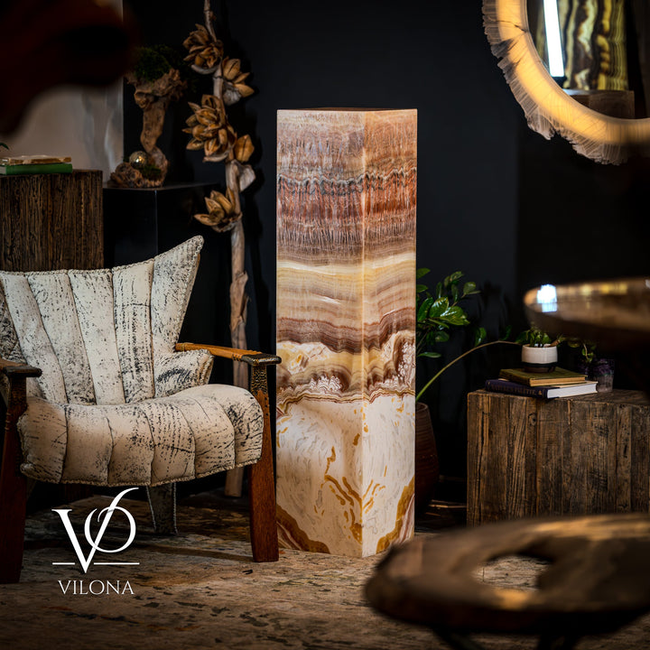 Ornate floor lamp with square onyx-look shade in golden-amber marbling