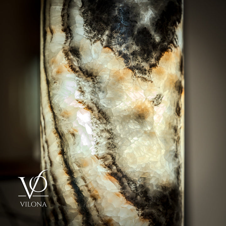 Onyx table lamp shade with cream base and dark marbled veins