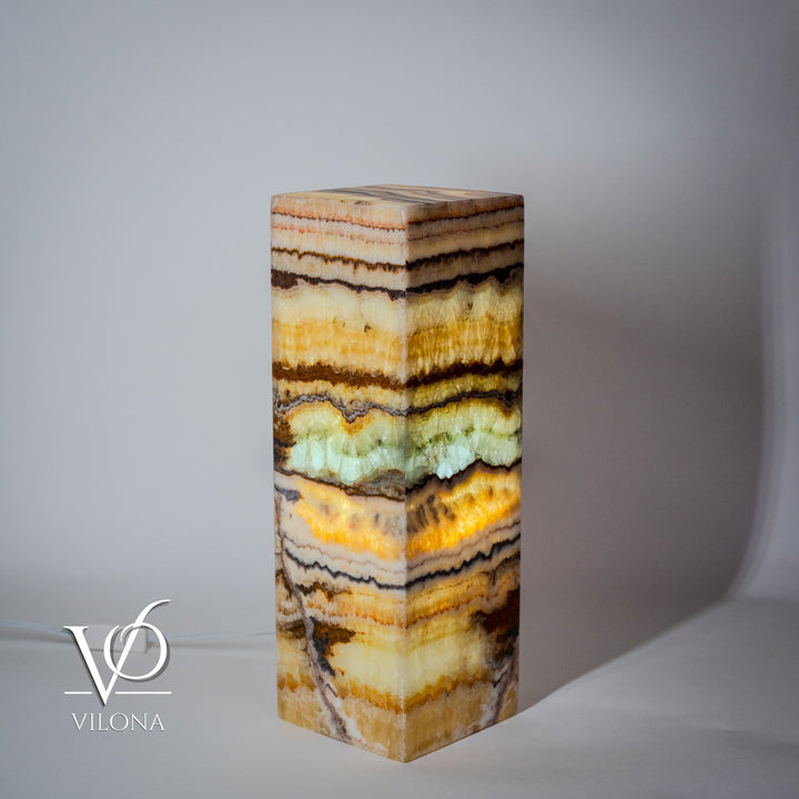 Onyx-style square table lamp with multicolor layered stripe stone body and flat top