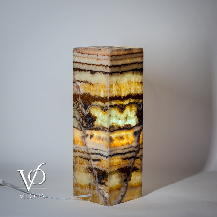 Onyx-style square table lamp with speckled multicolor striped stone base and flat top