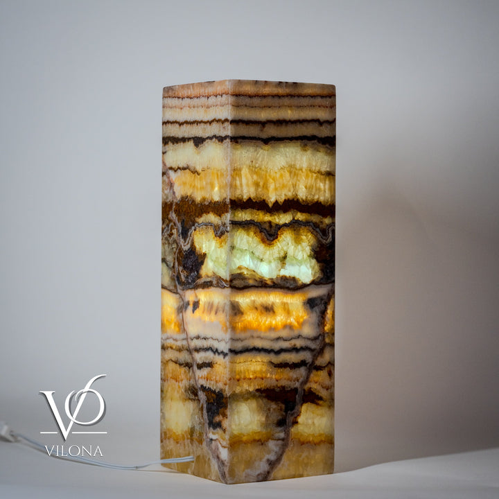 Onyx-style square table lamp with multicolor striped stone column base, flat top