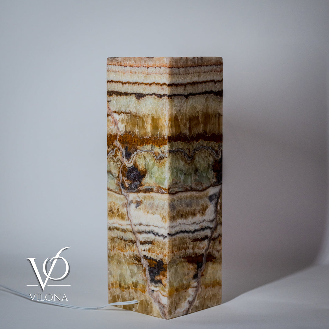 Onyx-style square table lamp featuring multicolor striated stone column base, flat top