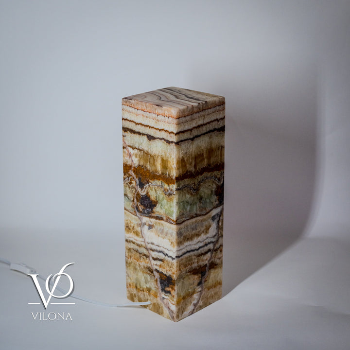 Onyx-style square table lamp with multicolor striped stone column base and flat top