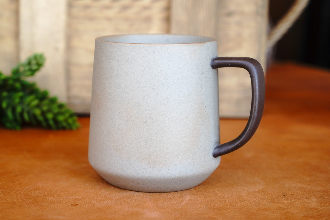 Two-tone ceramic mug with dark handle and rim; light speckled finish