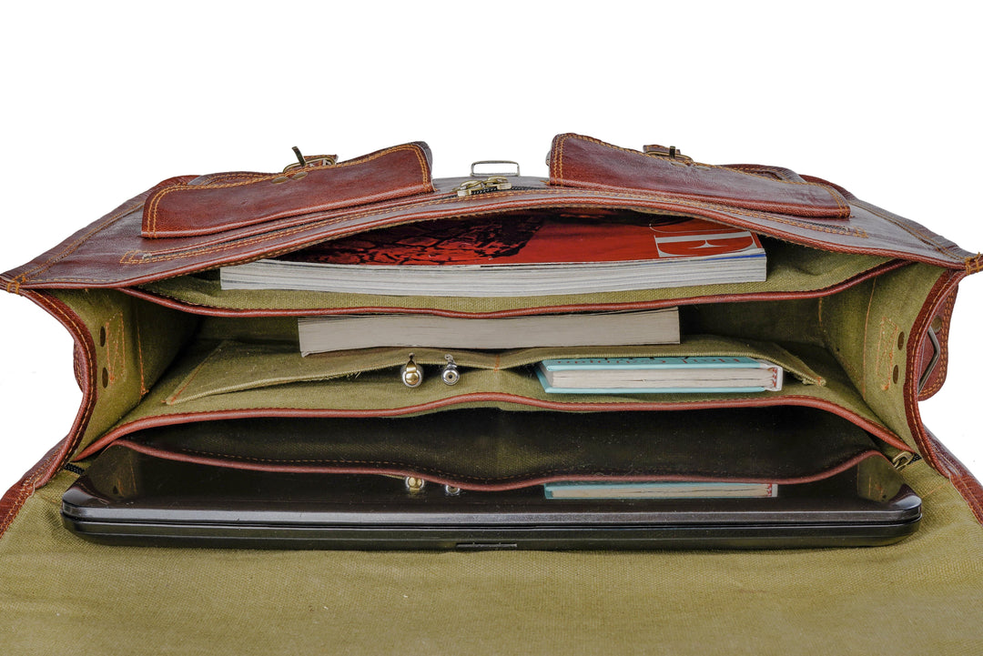 Briefcase interior view with green lining and open compartments