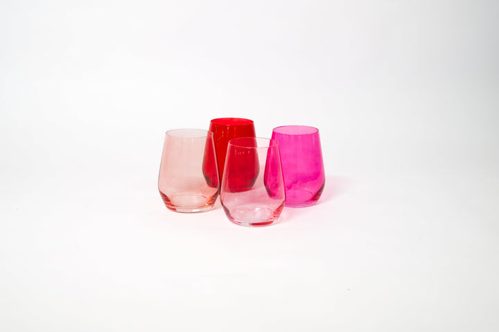 Stemless ombre wine glasses in red, pink, and light blush tones