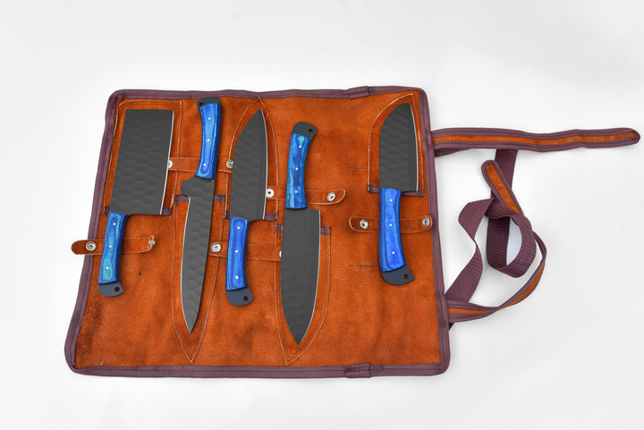 Open brown leather knife roll with five blue-handled knives