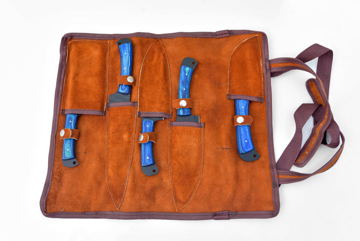 Brown leather knife roll with pockets holding five blue-handled knives