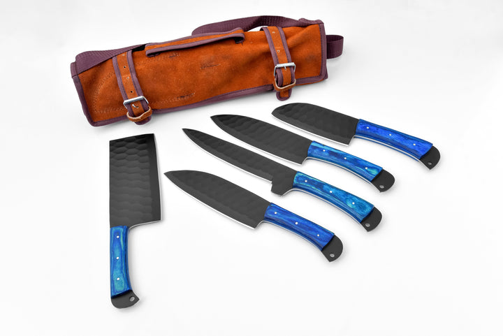 5-piece knife set with blue handle blades and brown leather carrying bag