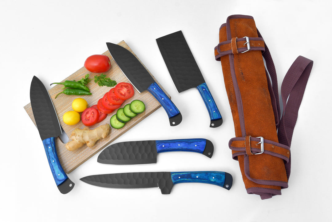 5-piece knife set with blue handles, brown leather bag, and veggie cutting board