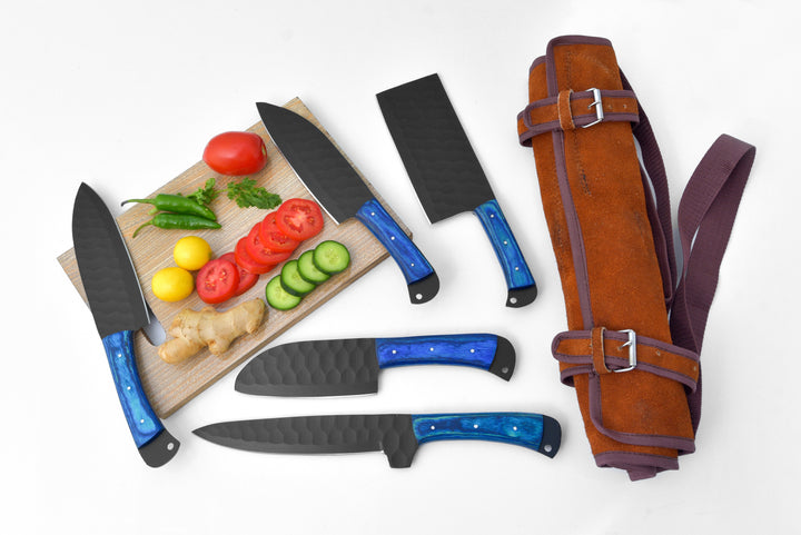 5-piece knife set with blue handles, brown leather bag, and veggie cutting board