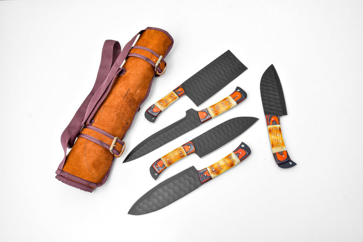 Burnt bone leather knife roll with five knives, dark gray blades with orange handles
