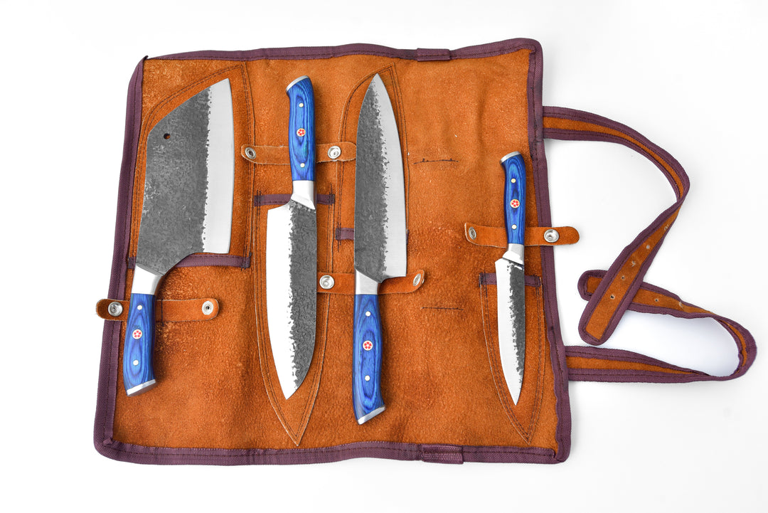 Brown knife roll case with four blue-handled knives in stitched slots