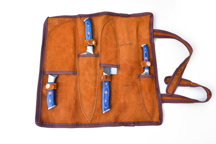 Brown knife roll case with four blue-handled knives and carry strap