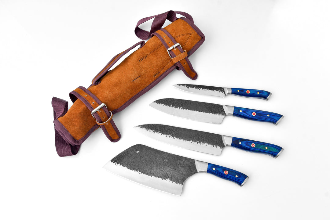 Chef knife set with brown roll-up case and four knives with blue handles