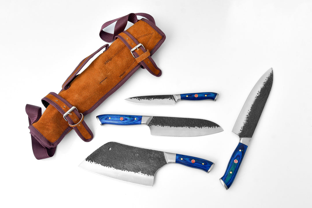 Chef knife set in brown roll-up case with four blue-handled knives, blades displayed