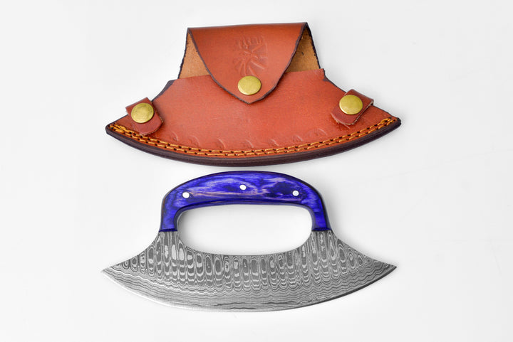 Damascus steel ulu knife with blue handle and brown leather sheath