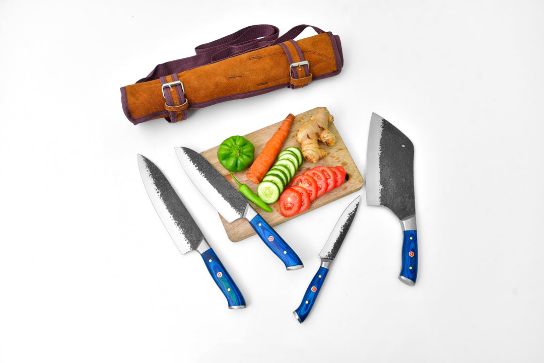 Chef knife set with brown roll-up case, four blue-handled knives, sliced vegetables and meat
