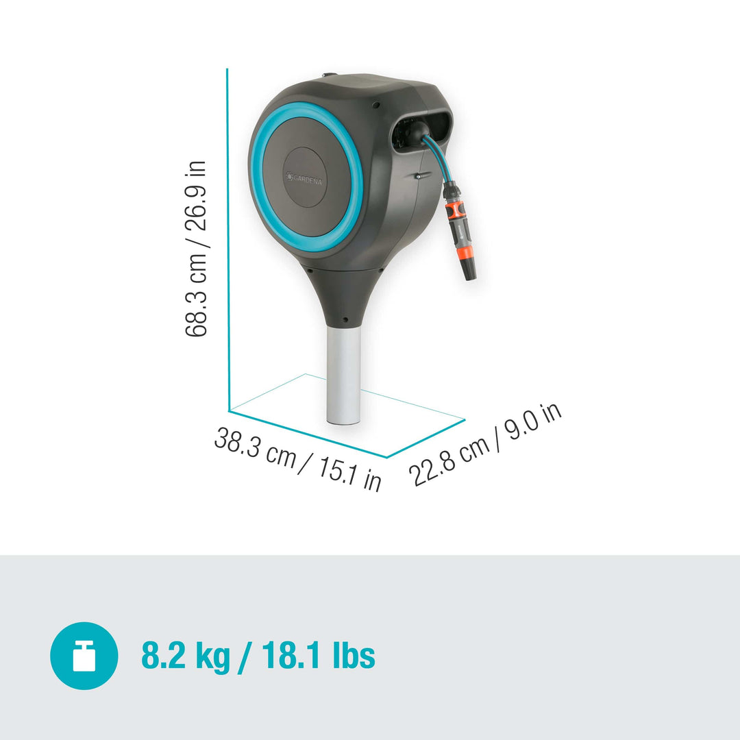 Gray roll-up garden hose reel with blue ring; size diagram view and weight icon