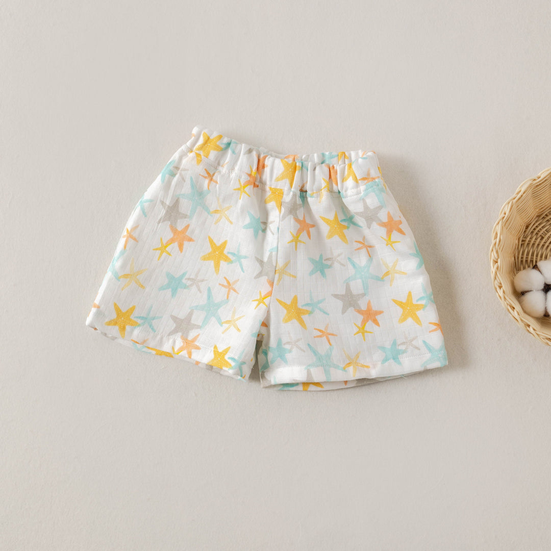 Starfish-pattern muslin shorts, elastic waistband, loose shorts with airy gathered hem