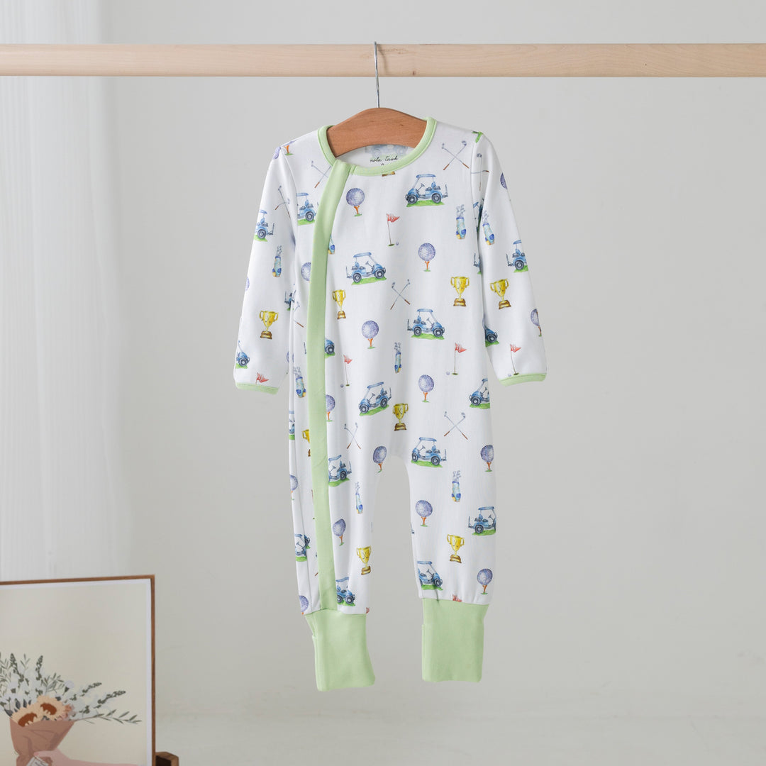 Hanging pajama set, white with multicolor vehicle and trophy print, green trim at cuffs