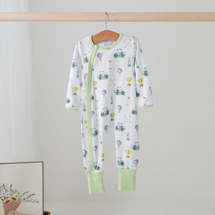 Hanging pajama set, white with multicolor vehicle and trophy print, green trim at cuffs