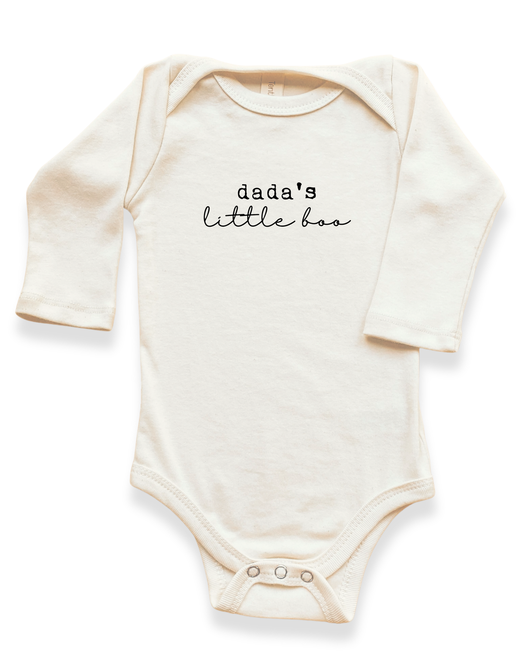 Cream long-sleeve baby bodysuit with snap-button leg opening and &