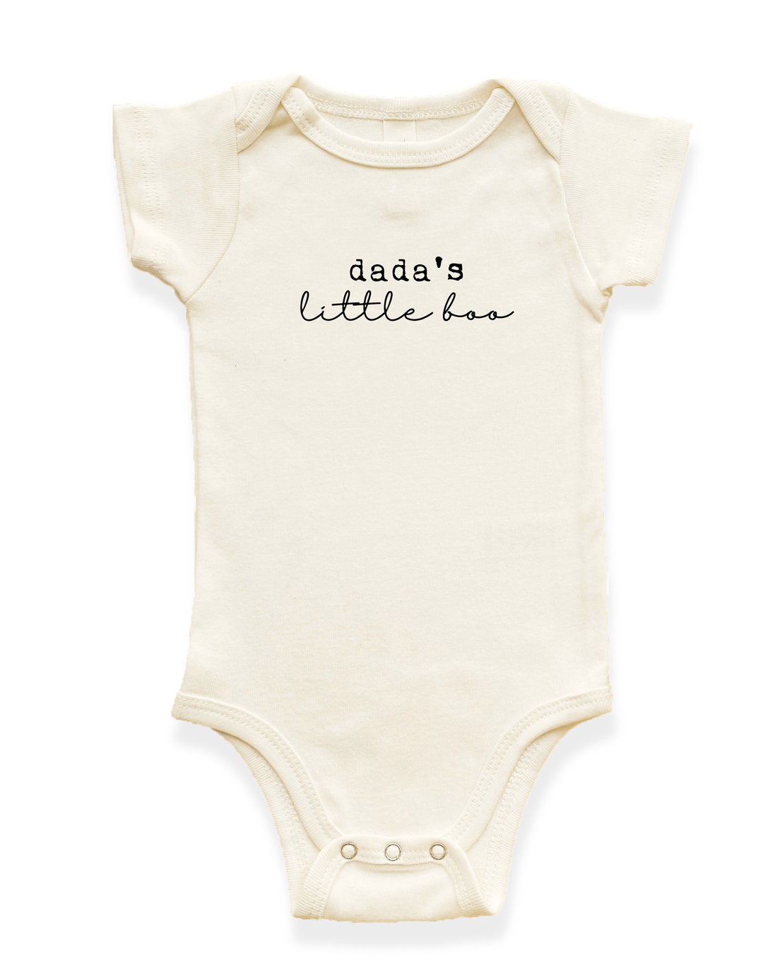 Cream organic baby bodysuit with short sleeves, snap crotch, and &