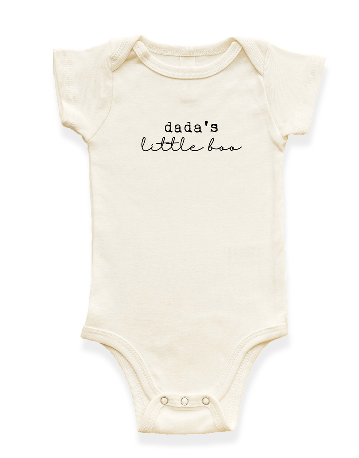 Cream organic baby bodysuit with short sleeves, snap crotch, and &