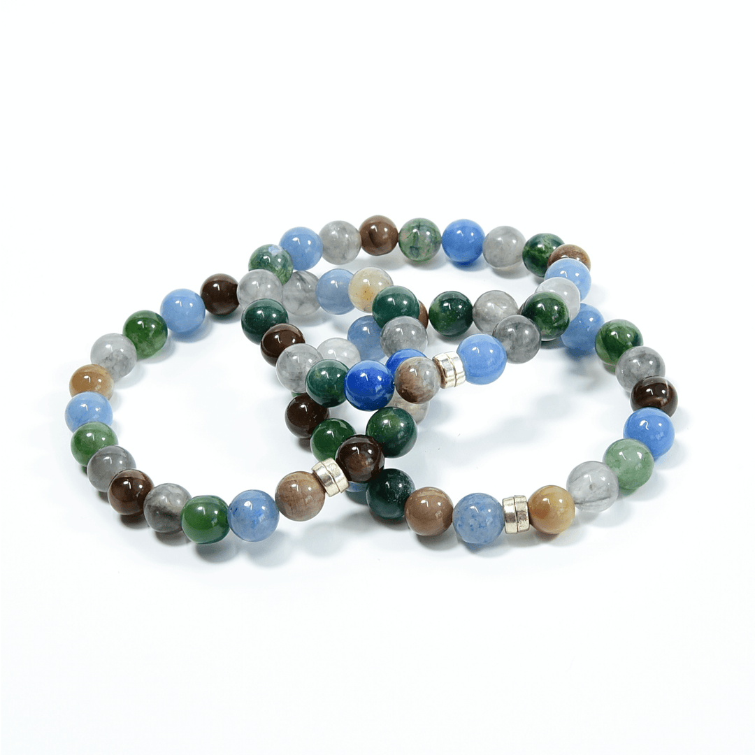 Two multicolor beaded bracelets with mixed blue, green, brown, and white stone beads