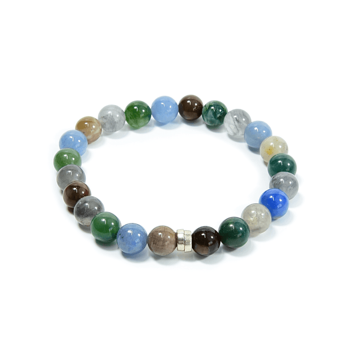 Multicolor beaded stretch bracelet with blue, green, brown, and white stone beads