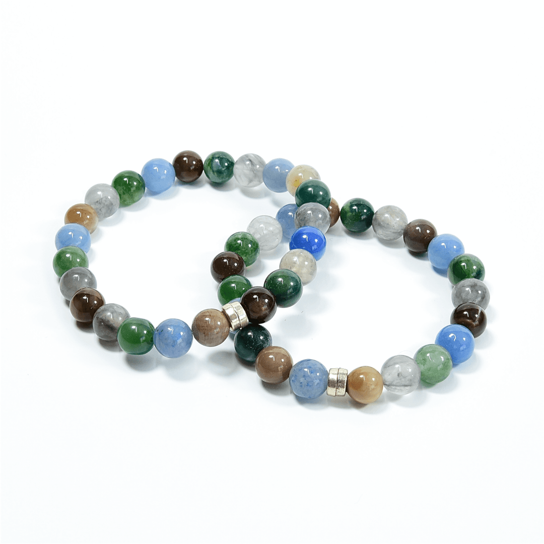 Pair of multicolor beaded bracelets with blue, green, brown, and white stone beads
