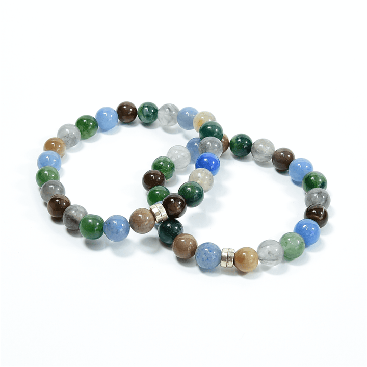 Pair of multicolor beaded bracelets with blue, green, brown, and white stone beads