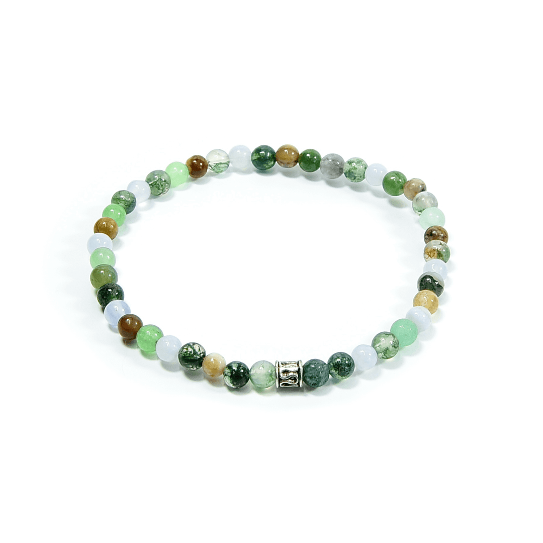 Mini beaded bracelet with round green, gold, and white stones; silver square clasp.