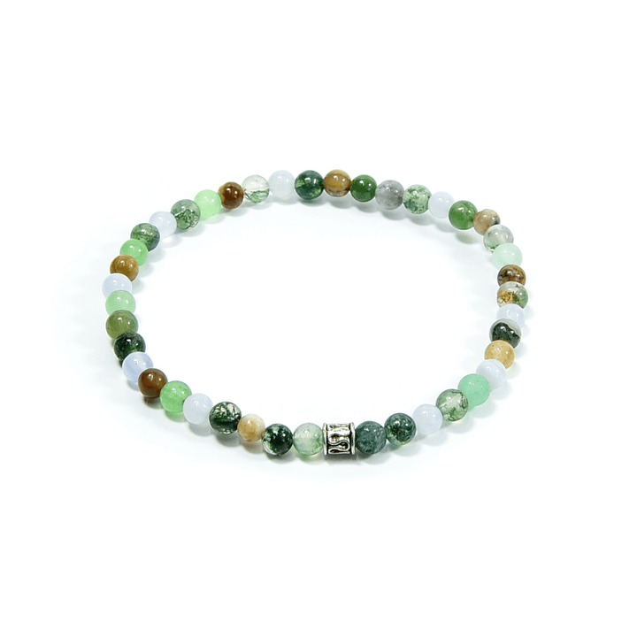 Mini beaded bracelet with round green, gold, and white stones; silver square clasp.