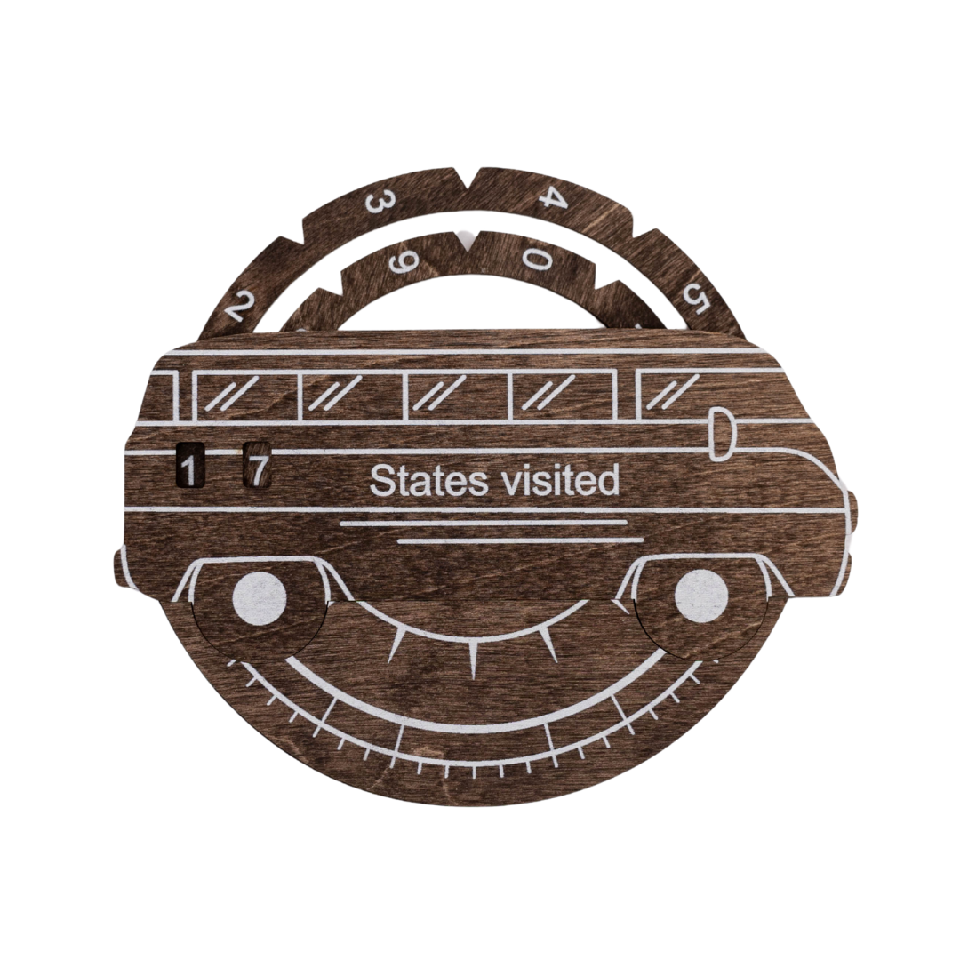 Dark walnut wooden USA map travel tracker with “States visited” panel and gauge