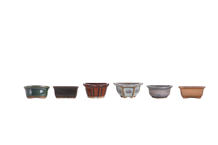 Set of 6 mini ceramic bonsai pot magnets, assorted glazes in green, black, brown, and gray