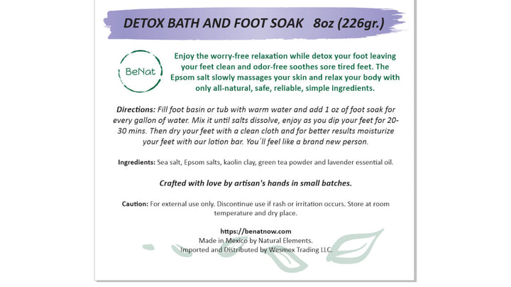 Detox Bath and Foot Soak 8oz package label with directions and ingredient list