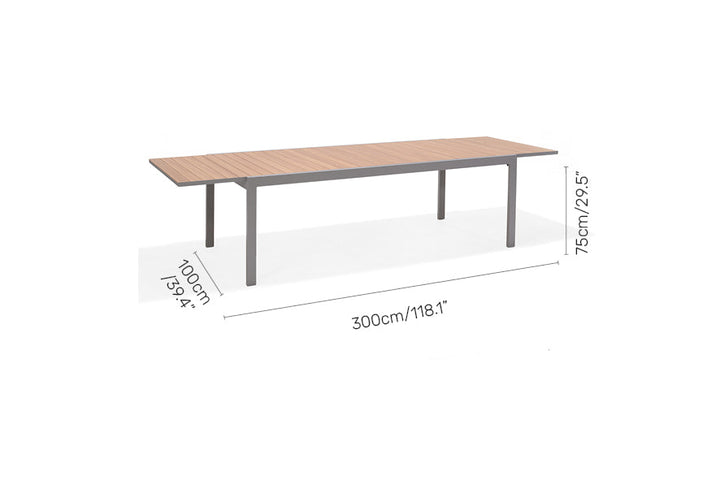 Extendable patio table, light wood top with gray legs; size labels shown