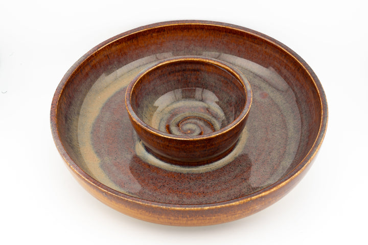 Ceramic dip platter with central bowl, warm brown glaze with speckled interior