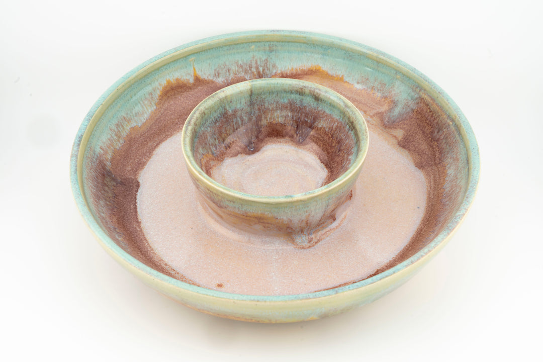Ceramic dip platter with central bowl, pale aqua rim with brown speckled glaze