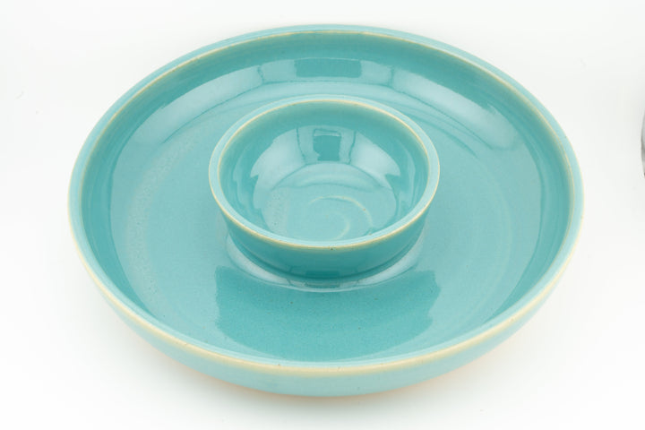Ceramic dip platter with central bowl, turquoise blue glaze with glossy finish