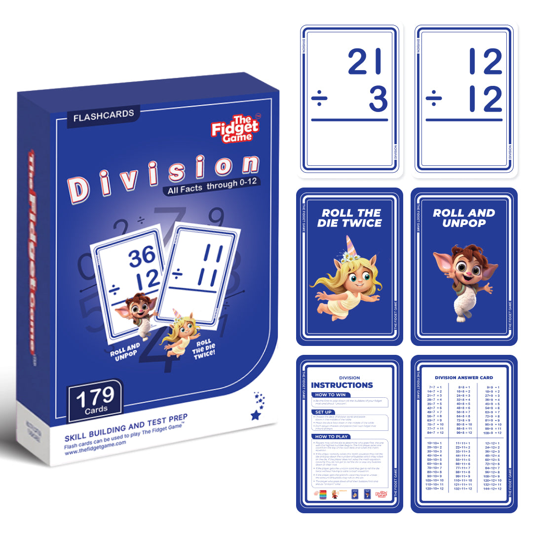Kids division flashcard pack with number cards, roll and unpop cards, and instruction sheet