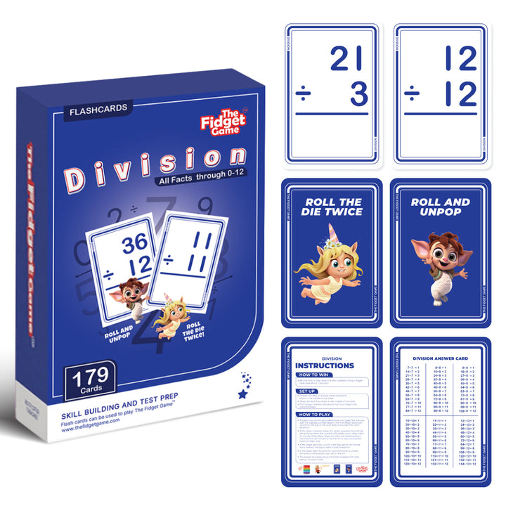 Kids division flashcard pack with number cards, roll and unpop cards, and instruction sheet