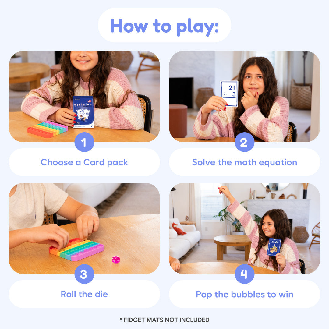 Child using division flashcards during game play steps, choosing a card pack and rolling