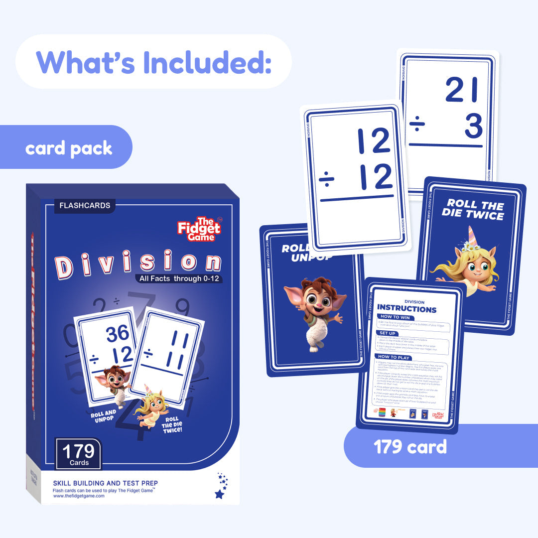 Division card pack showing stacked number cards, roll and unpop card, and instruction page
