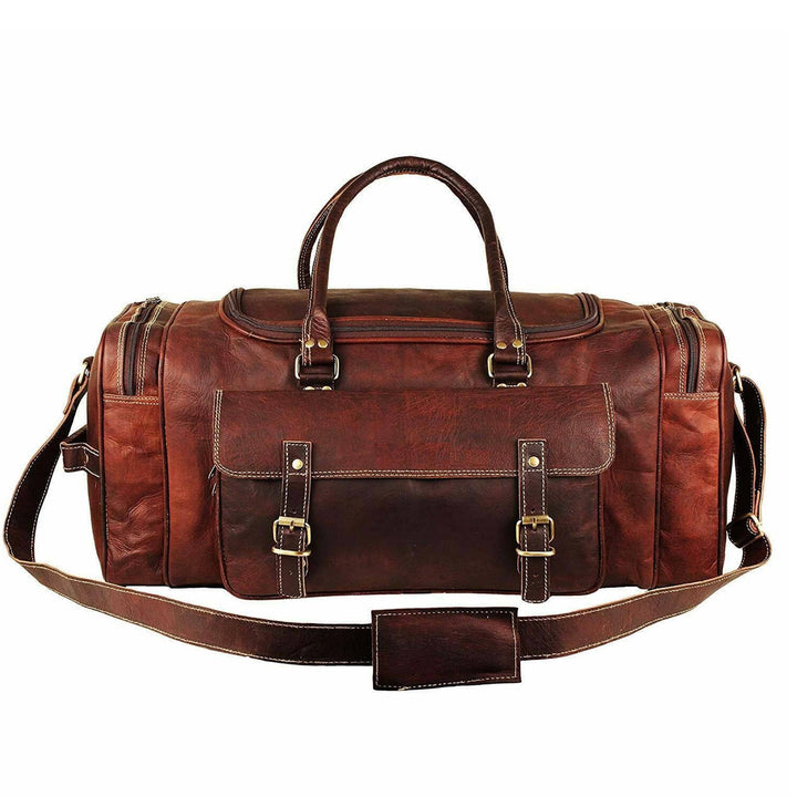 Brown leather weekender duffle bag with top handles, front pockets, and adjustable strap