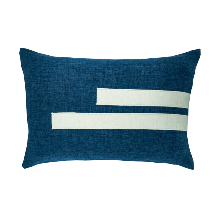 Blue throw pillow 16"x24" with two white horizontal stripes